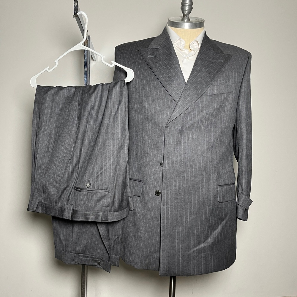 Leonardo Valenti Suit Mens 44L 36W Gray Pinstripe Wool Cashmere Italy Peak Lapel
